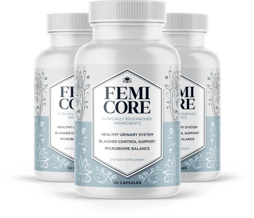 FemiCore women's bladder control supplement bottles — microbiome-first formula with 4 botanicals and 5 Lactobacillus probiotic strains, 30 capsules per bottle